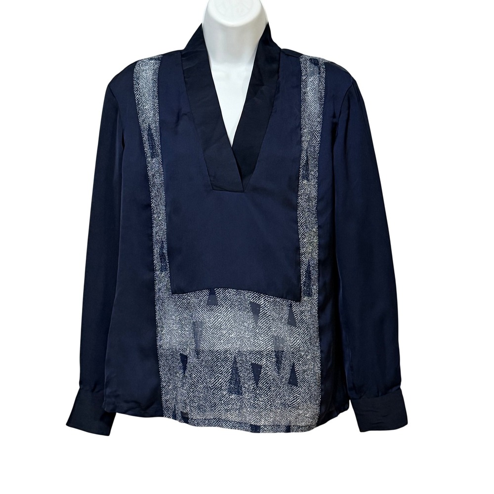 Shades of Grey by Micah Cohen Navy Blue Mixed Media V-Neck Blouse XS SS16 Sample